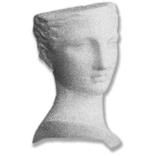 Classical Greek-style bust with serene facial features and a partially missing top, evoking ancient European sculpture.