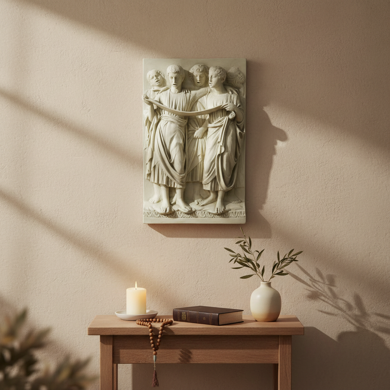 Classical relief sculpture featuring four robed figures in flowing garments, evoking Renaissance and old world European artistry. Side Angle