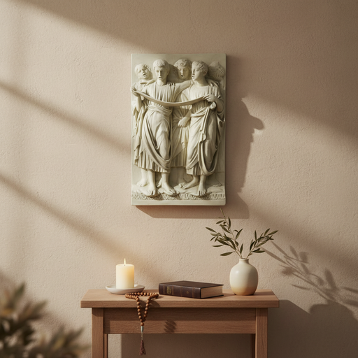 Classical relief sculpture featuring four robed figures in flowing garments, evoking Renaissance and old world European artistry. Side Angle