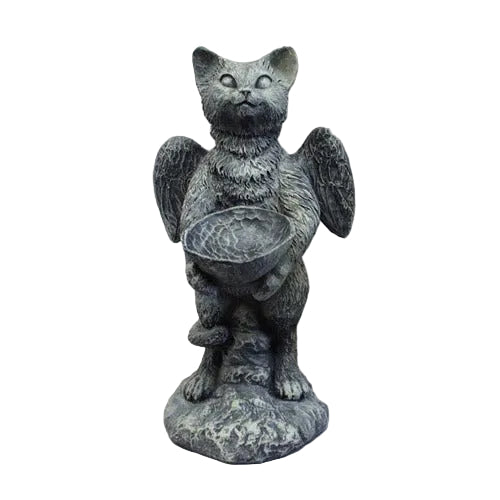Winged cat statue with ornate detailing, classical old world European style, holding a shallow bowl, standing on a textured base.