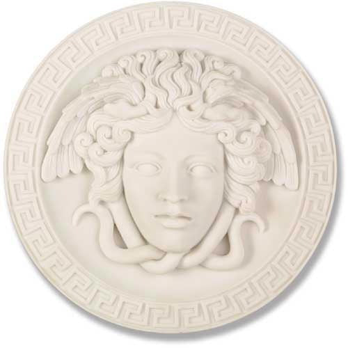 Medusa head relief with flowing serpentine hair, surrounded by a Greek key border in classical old world European style. Side View