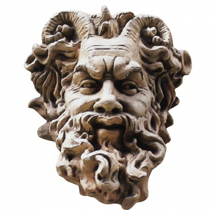 Grotesque bearded face with curled horns, ornate hair, and expressive features in old world European Baroque style.