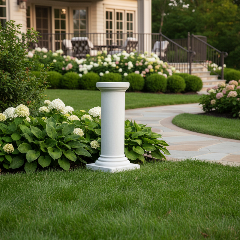 Classical Greek column pedestal with a round top, smooth shaft, and ornate base, evoking old world European architectural style. Side Angle