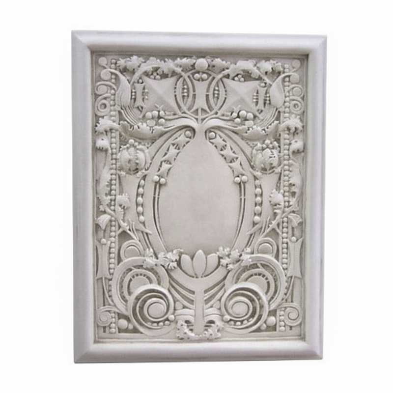 Ornate rectangular wall plaque with classical Baroque detailing, featuring intricate scrollwork and symmetrical floral motifs. Side View