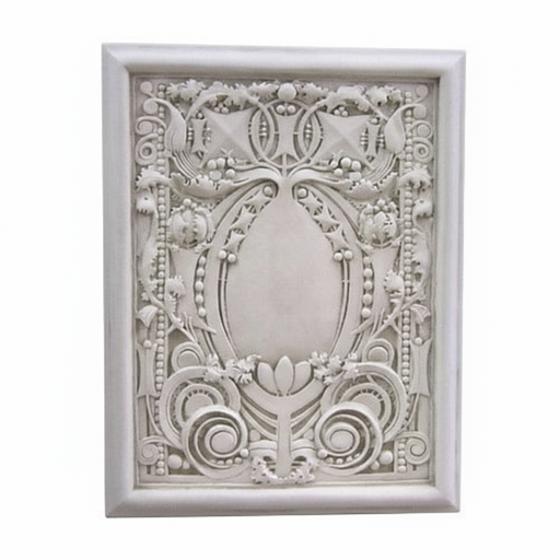 Ornate rectangular wall plaque with classical Baroque detailing, featuring intricate scrollwork and symmetrical floral motifs. Side View