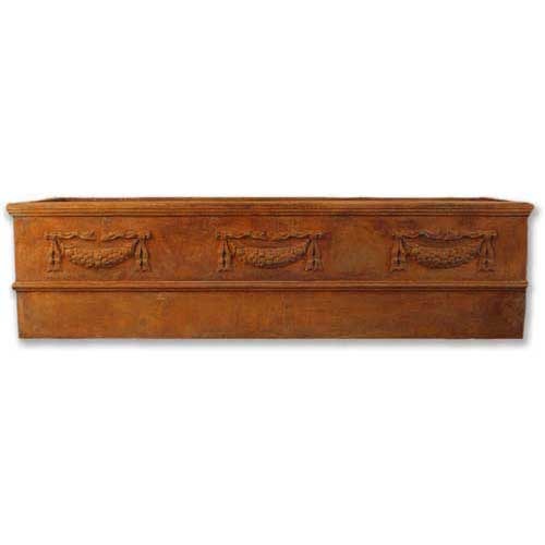 Rectangular planter box with ornate Baroque garland reliefs and classical old world European architectural detailing.