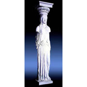 Caryatid column with classical Greek draped female figure and ornate capital in old world European architectural style. Other Angle