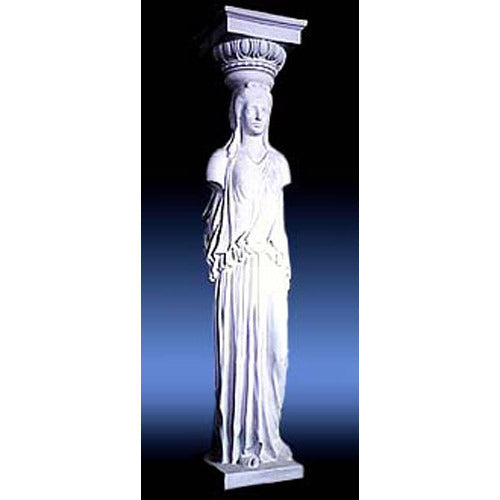 Caryatid column with classical Greek draped female figure and ornate capital in old world European architectural style. Other Angle