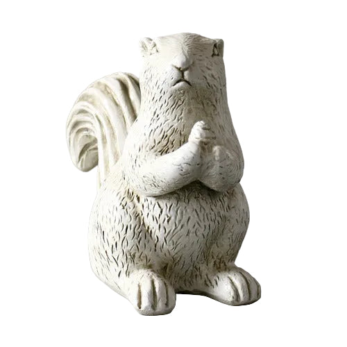 Squirrel figurine with ornate, old world European detailing and classical sculptural style, featuring textured fur and upright posture. Side View
