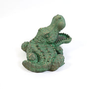 Alligator figurine with ornate, old world European detailing and textured Baroque-inspired scales, mouth open in dramatic pose. Different Angle