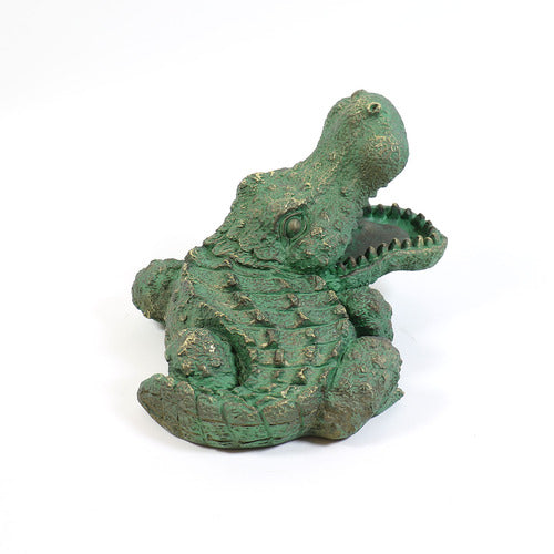 Alligator figurine with ornate, old world European detailing and textured Baroque-inspired scales, mouth open in dramatic pose. Different Angle