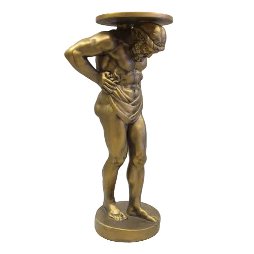Atlas-inspired classical pedestal table featuring a muscular, bearded figure in a Greek old world European style, supporting a round top.