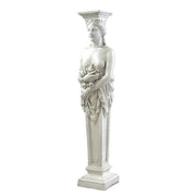 Classical Greek-style pedestal with ornate female figure holding a cornucopia, featuring intricate old world European detailing.