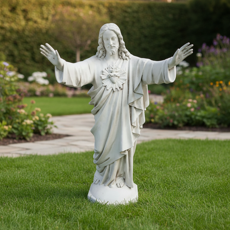 Jesus statue with outstretched arms, classical Renaissance style, ornate detailing, flowing robes, sacred heart motif on chest. Different Angle