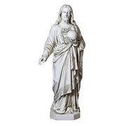 Jesus statue in classical Renaissance style, draped robes, ornate detailing, holding a globe, serene facial expression, standing pose. Side View