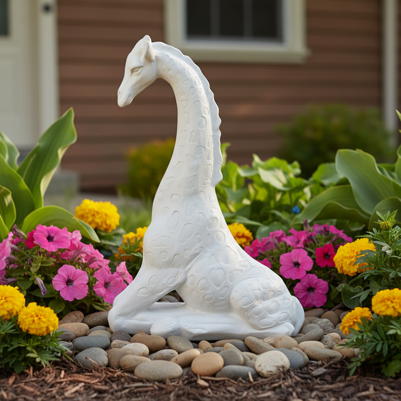 Seated giraffe sculpture with elongated neck and stylized, ornate detailing in a classical old world European style. Side Angle