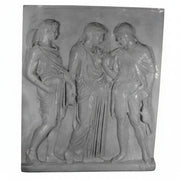 Classical Greek relief sculpture featuring three draped figures in flowing robes with detailed, ornate folds and ancient attire.