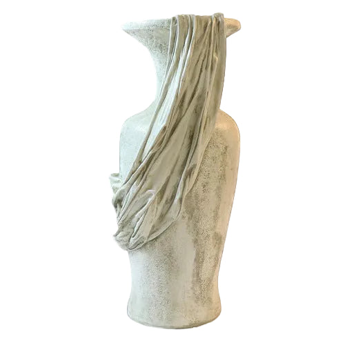 Classical Greek-style vase with an ornate draped fabric detail, evoking an old world European aesthetic. Side View