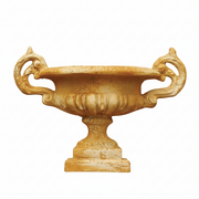 Ornate classical urn with elaborate handles and pedestal base, featuring old world European and Baroque decorative details.