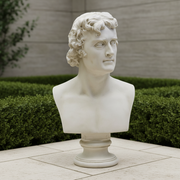 Classical Greek-style male bust with curly hair and strong features, displayed on a round pedestal base. Side Angle