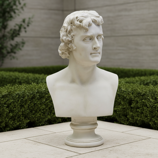 Classical Greek-style male bust with curly hair and strong features, displayed on a round pedestal base. Side Angle