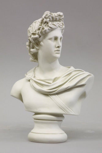 Classical Greek-style bust of a young man with curly hair and draped garment, featuring ornate, Renaissance-inspired detailing.