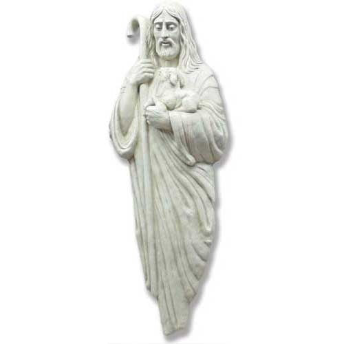 Shepherd statue in classical old world European style, holding a lamb and staff, featuring flowing robes and serene facial expression.