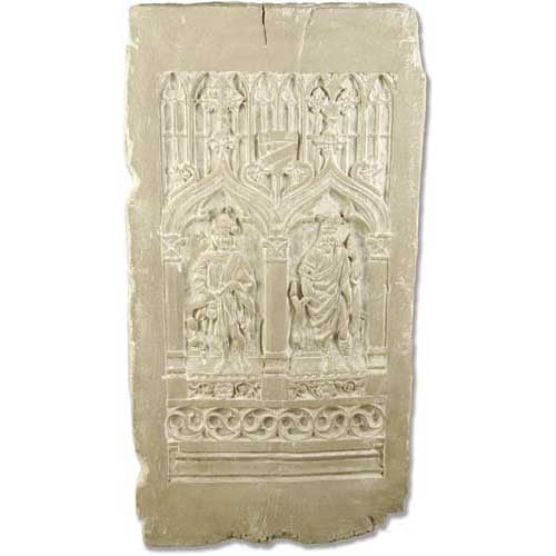 Gothic-style relief panel featuring two robed figures beneath ornate arches with intricate medieval detailing and classical motifs. Side View