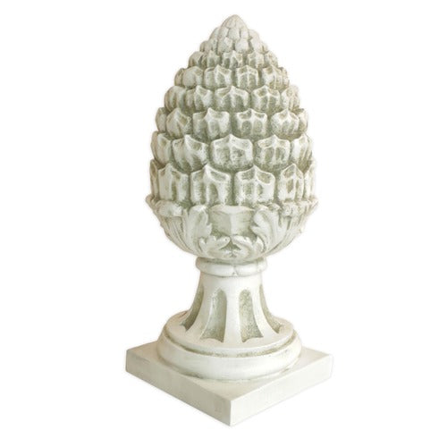 Ornate old world European finial with classical acanthus leaf details and a pinecone-inspired Baroque design on a square base