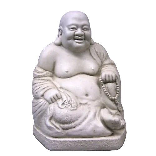 Laughing Buddha statue with ornate detailing, classical serene expression, and traditional prayer beads in old world European style.
