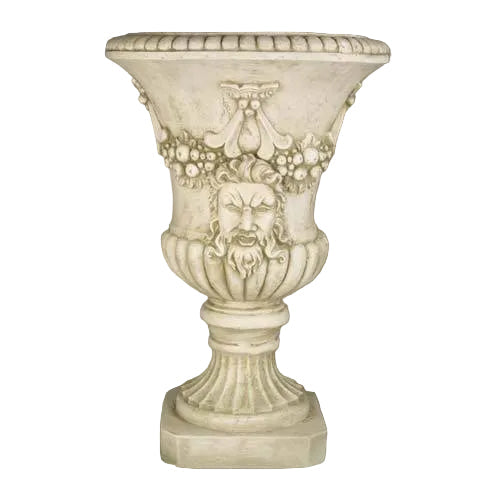 Ornate classical urn with Baroque detailing, featuring a sculpted bearded face and floral garlands in old world European style.