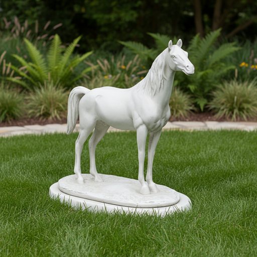 Classical horse statue with ornate detailing, standing on an oval base, inspired by old world European and Renaissance styles Side Angle