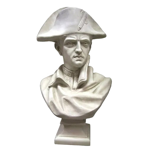 Classical European bust of a stern-faced man in a tricorn hat, featuring ornate detailing and old world sculptural style