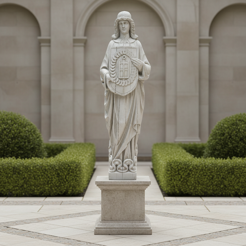 Medieval European knight statue holding an ornate shield, featuring classical and Gothic detailing with intricate carved patterns. Side Angle