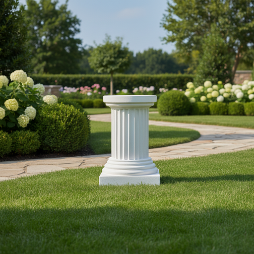 Classical Greek fluted column pedestal with ornate base and simple round capital, evoking old world European architectural style. Side Angle