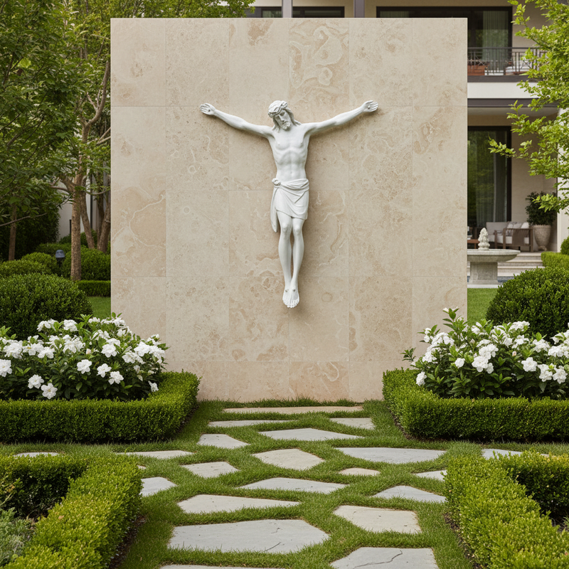 Crucifix with classical Renaissance style, featuring an ornate depiction of Christ with outstretched arms and detailed drapery. Different Angle