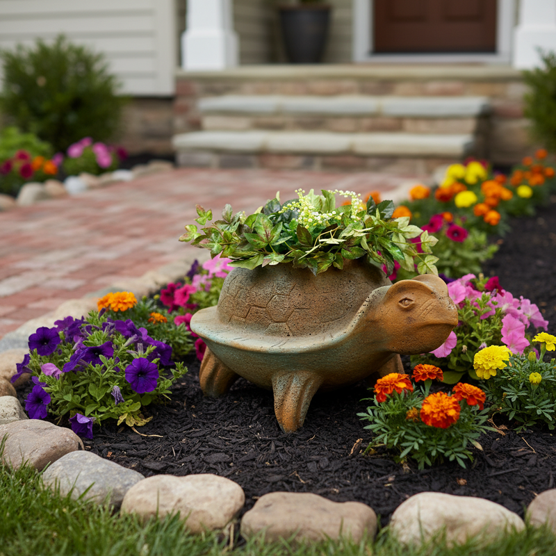 Turtle-shaped planter with ornate, old world European detailing and Renaissance-inspired sculptural features, filled with lush greenery. Side Angle