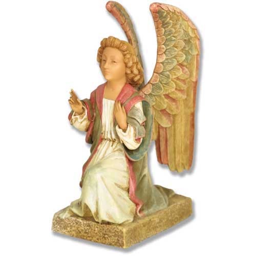 Kneeling angel statue with ornate wings and flowing robes, featuring classical old world European and Renaissance details.