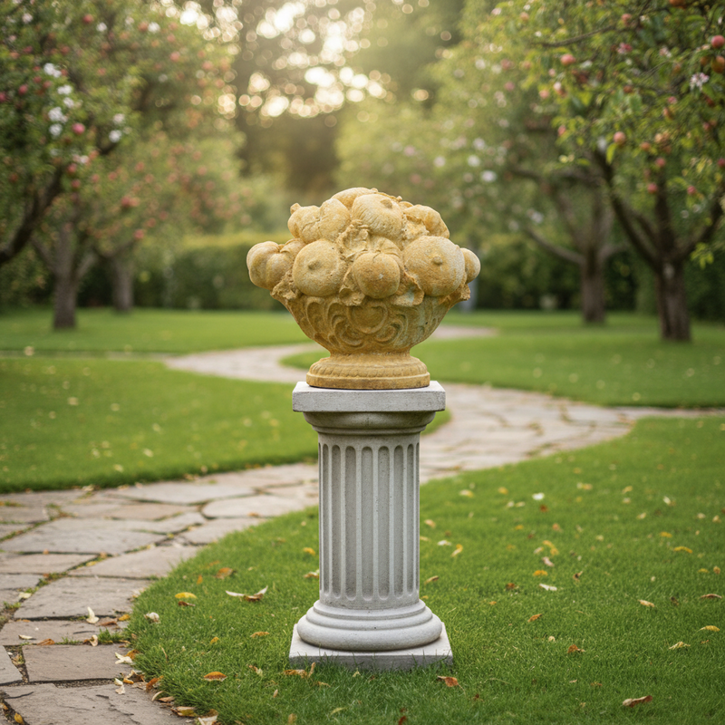 Ornate classical fruit basket sculpture with Baroque detailing and old world European style, featuring intricately carved fruits. Side Angle