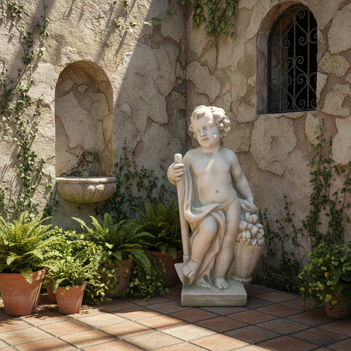 Cherub statue in classical Renaissance style holding a staff and leaning on a basket of fruit with ornate detailing. Side Angle