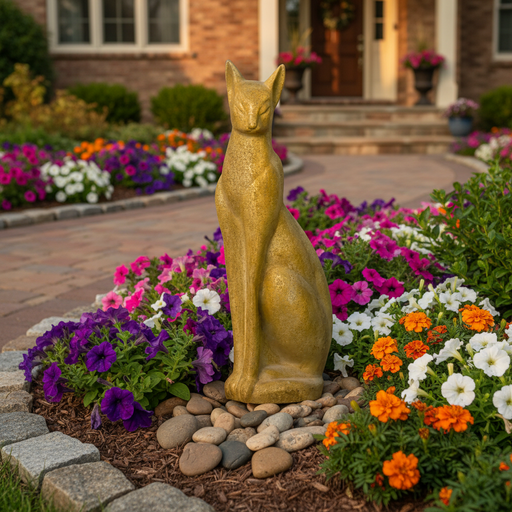 Elegant cat statue with elongated form, inspired by classical and old world European styles, featuring smooth, minimalist details. Side Angle