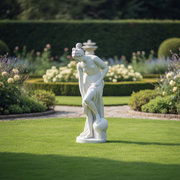 Classical Greek-style female statue in a graceful pose, draped in flowing robes, with ornate detailing and elegant posture. Side Angle