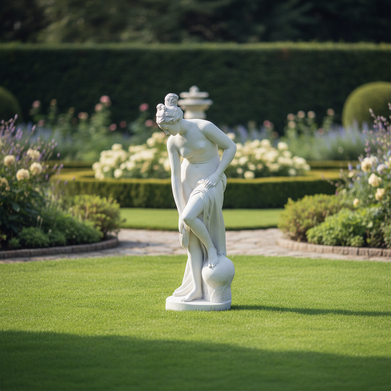 Classical Greek-style female statue in a graceful pose, draped in flowing robes, with ornate detailing and elegant posture. Side Angle