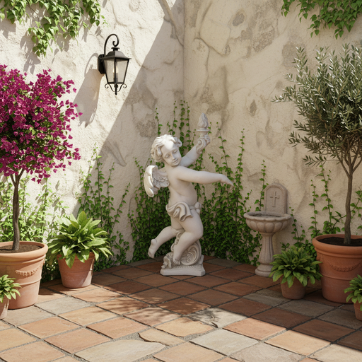 Baroque cherub statue with ornate wings and flowing drapery, holding a torch in a classical old world European style pose. Side Angle