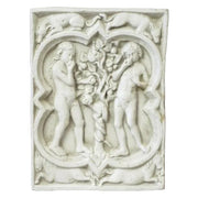 Adam and Eve in a classical relief panel with ornate old world European detailing and medieval Gothic motifs featuring animals and foliage.