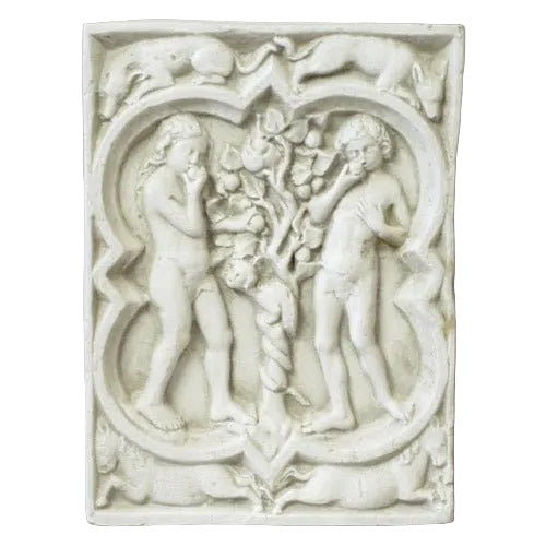 Adam and Eve in a classical relief panel with ornate old world European detailing and medieval Gothic motifs featuring animals and foliage.