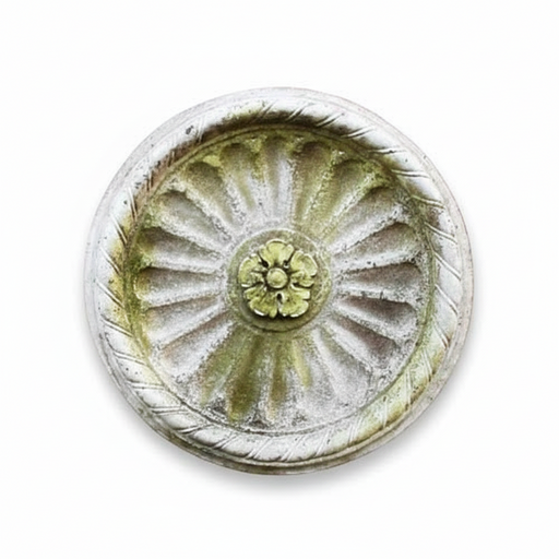 Ornate round medallion with classical old world European design, radiating fluted pattern, and central floral Baroque motif.