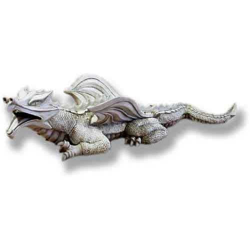 Ornate medieval dragon sculpture with detailed scales, outstretched wings, and open mouth in old world European fantasy style.