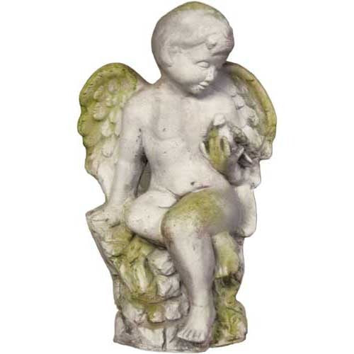 Cherub statue in classical old world European style, seated with wings and ornate detailing, evoking Renaissance garden art.