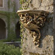 Ornate wall shelf with a Baroque dragon motif, featuring intricate scrollwork and old world European decorative details. Side Angle